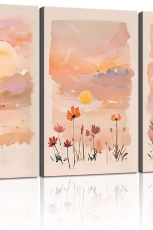 3 Panel Sunset Wall Art Wildflower Canvas Print Pink Floral Nature Landscape Painting Watercolor Boho Wall Decor for Bedroom Living Room 16x24in Ready to Hang