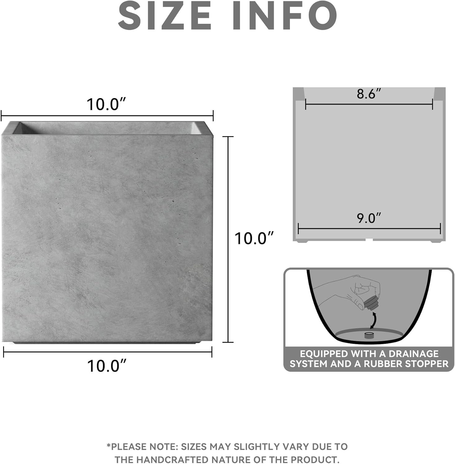 10 Inch Square Concrete Planter for Outdoor Indoor Home Patio Garden, Large Plant Pot with Drainage Hole and Rubber Plug, Natural Concrete - Image 2